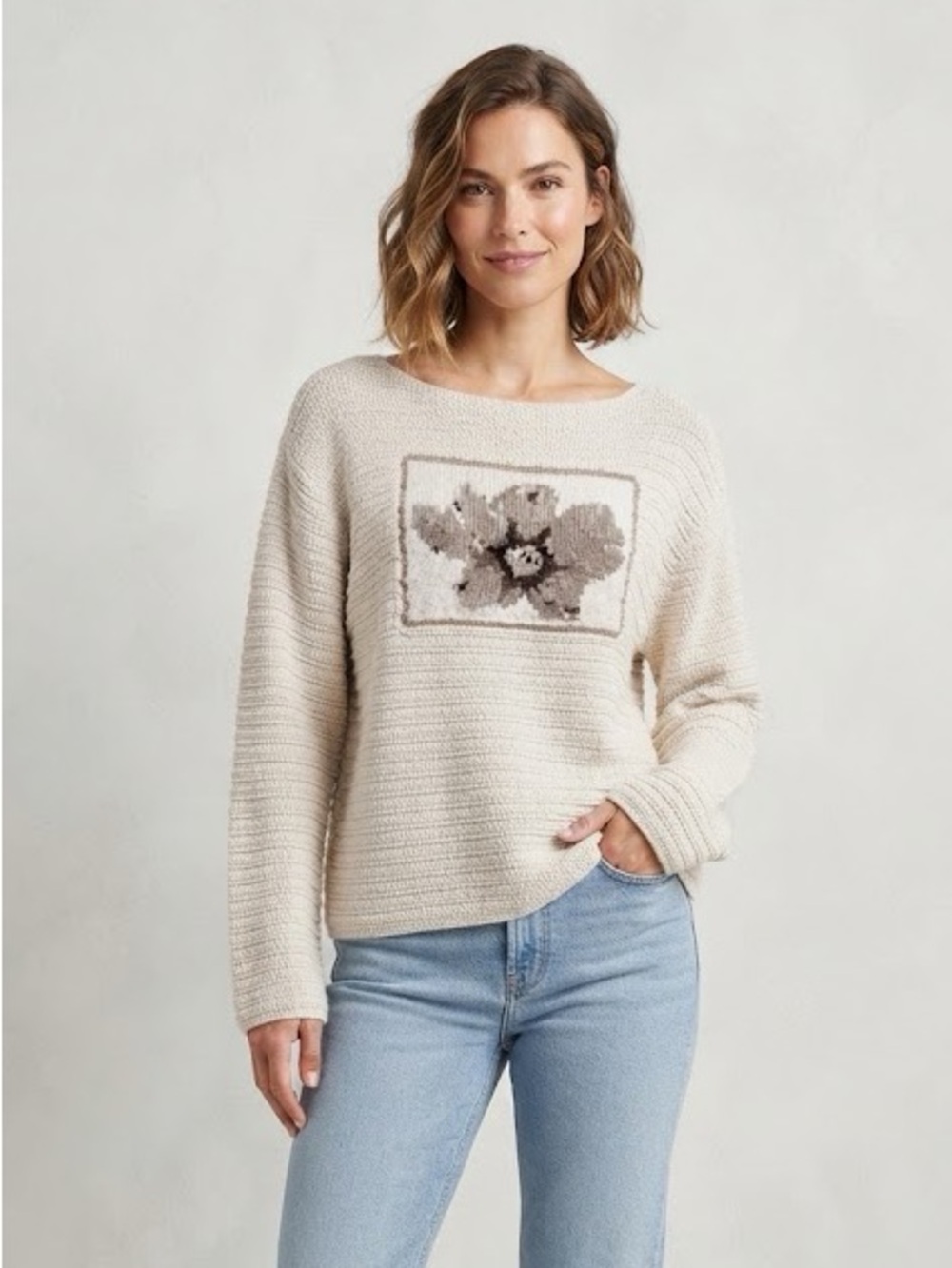 Handmade Floral Knit Sweater - Cream Cottagecore